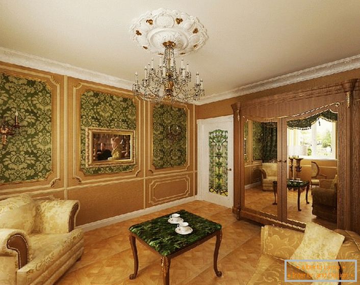 Нобле зелена боја у комбинацији са жутим златом изгледа профитабилно у гостинској соби у стилу ампера.