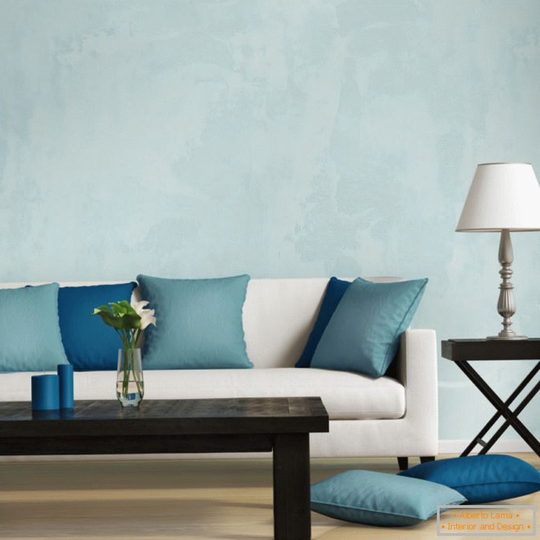 Плави савремени стил, романтична унутрашња дневна соба