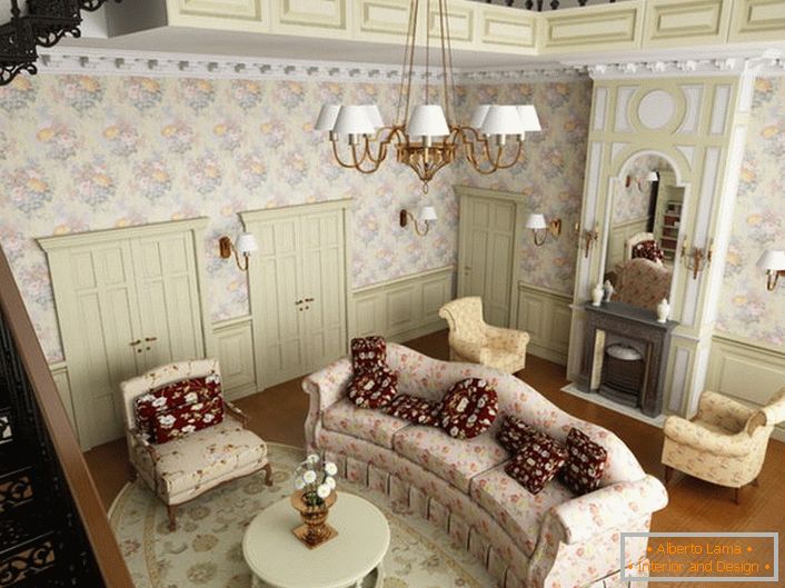 Дневни боравак у стилу државе на првом спрату велике куће у предграђу. У складу са стилом, мекани намјештај је одабран од тканине са цветним обрасцем.