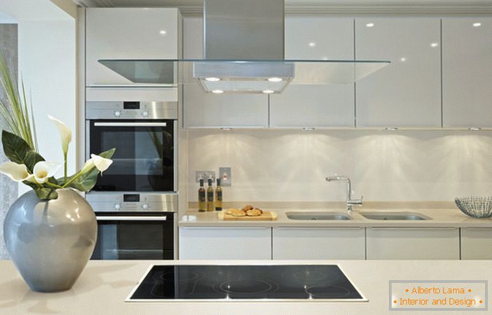 Сјајне површине се могу користити за украшавање кухиње у стилу Арт Ноувеау. Пројектни пројекат је занимљива смела комбинација сиве и беле, која није карактеристична за савремени стил.