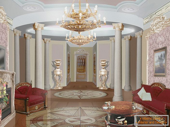 Величанствени масивни дрвени намештај са бујним тапацирунгом и мали столни сто у тону - уредно опремљена гостињска соба у барокном стилу.
