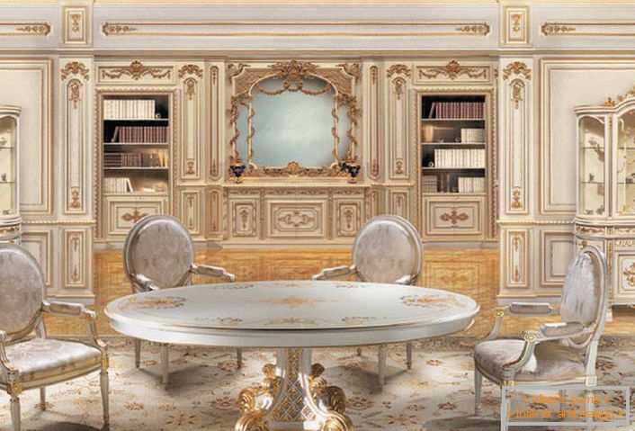 Дизајн пројекат у барокном стилу за велики дневни боравак. Дрвене столице и сто су направљене у једном стилу.