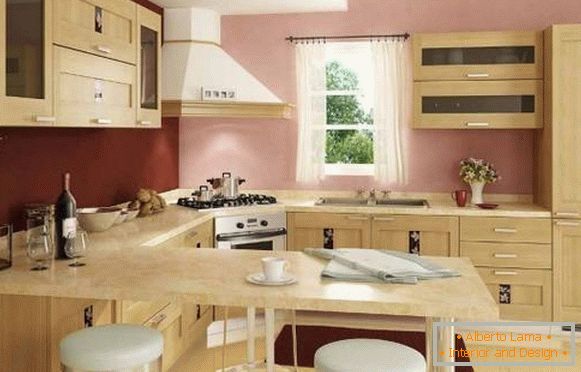 Унутрашњост углу кухиње са шанком - фотографија у беж и ружичастим тоновима