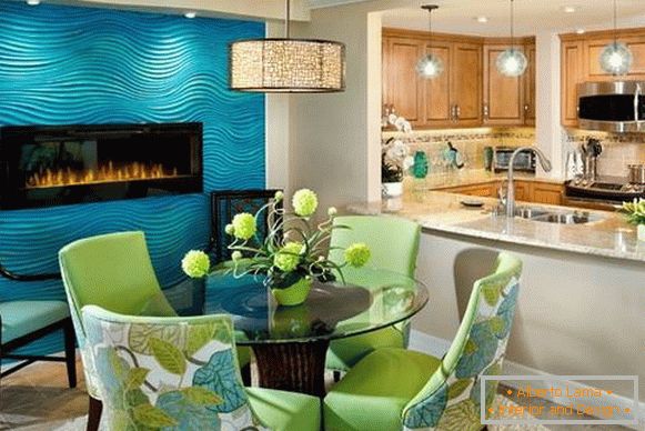 Трпезарија у кухињи - фотографије у плавим и зеленим тоновима