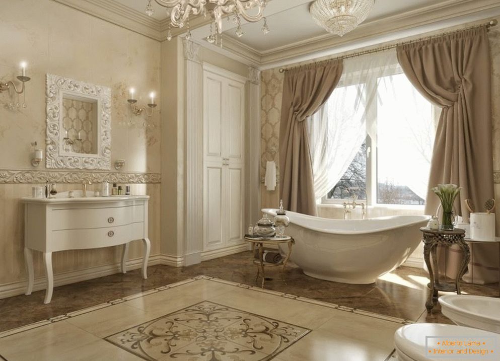 Прозор са завјесама у купатилу у класичном стилу