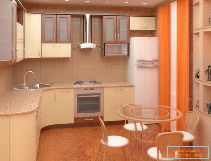 Ергономски постављање намештаја у кухињи 11 м² М. метара. Све је довољно умерено, димензије слушалица су сразмерне величини собе.
