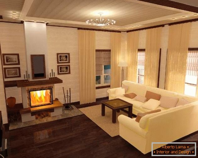 Дизајн дневне собе са камином у унутрашњости сеоске куће
