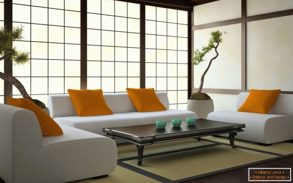 Дневна соба у јапанском стилу со светлыми стенами и темным полом