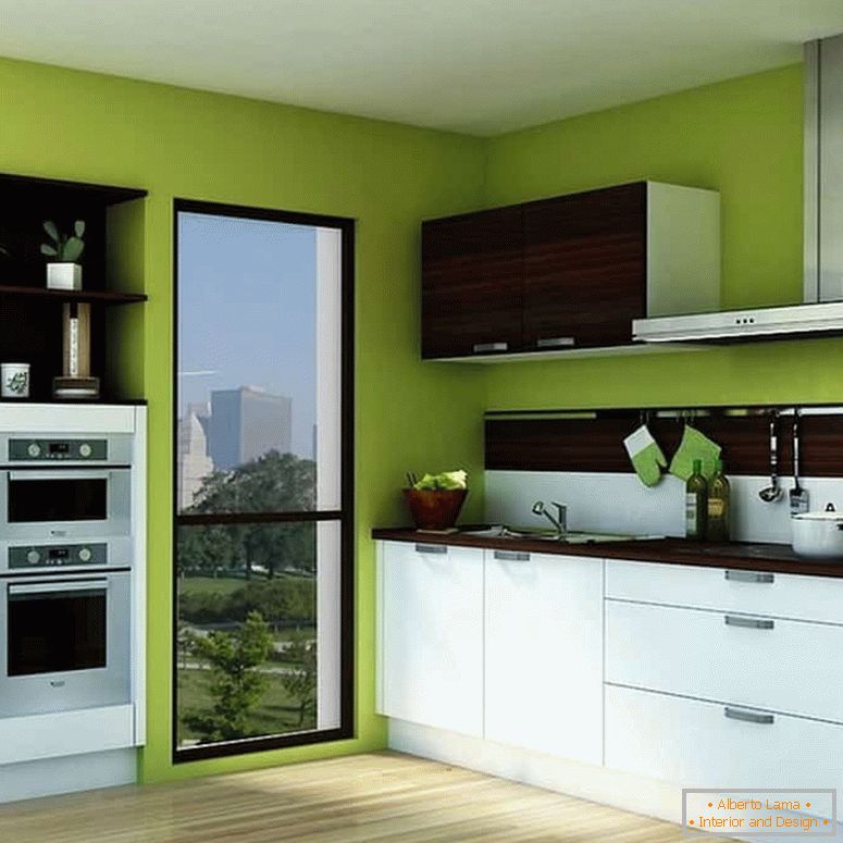 Светло зелена боја зидова и бела кухиња