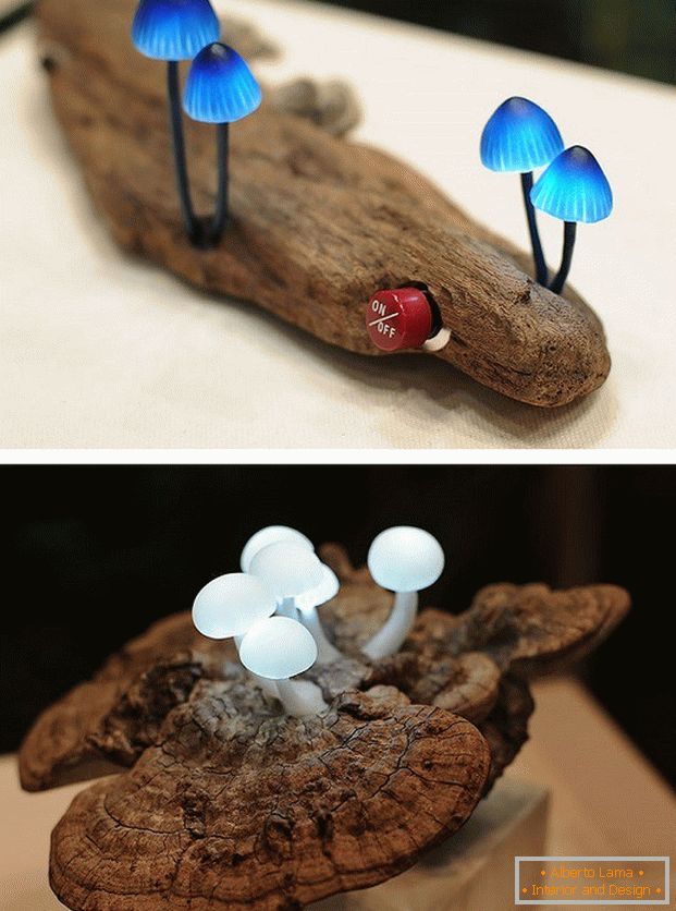 ЛЕД лампа у облику печурака на комаду дрвета