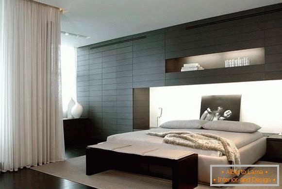 Дизајн спаваће собе у модерном стилу са црним елементима