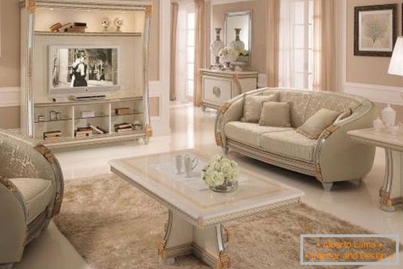 Класичан дизајн дневне собе са бијелим намештајем - фотографија