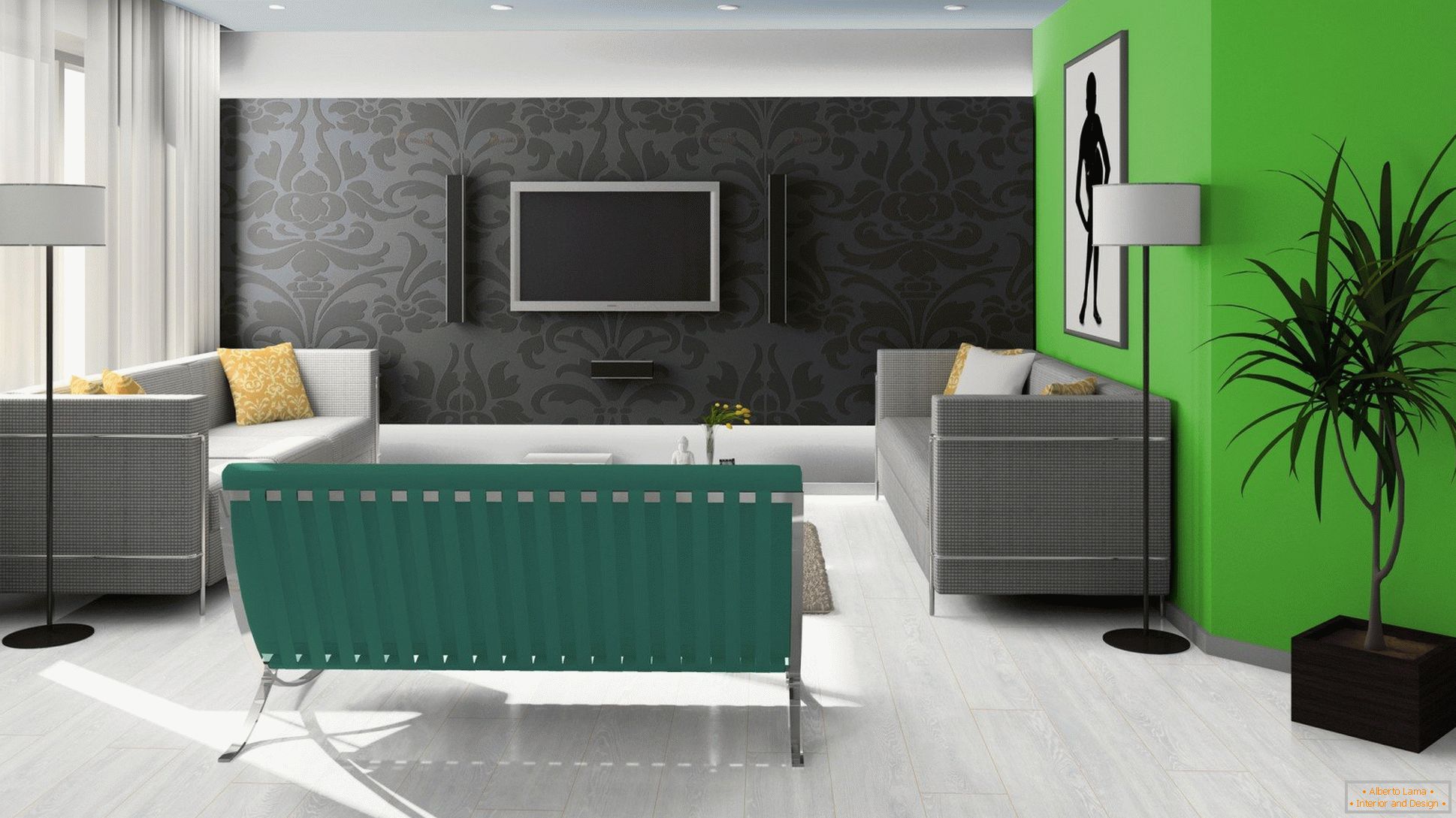Црно, зелено и бело у дизајну дневне собе