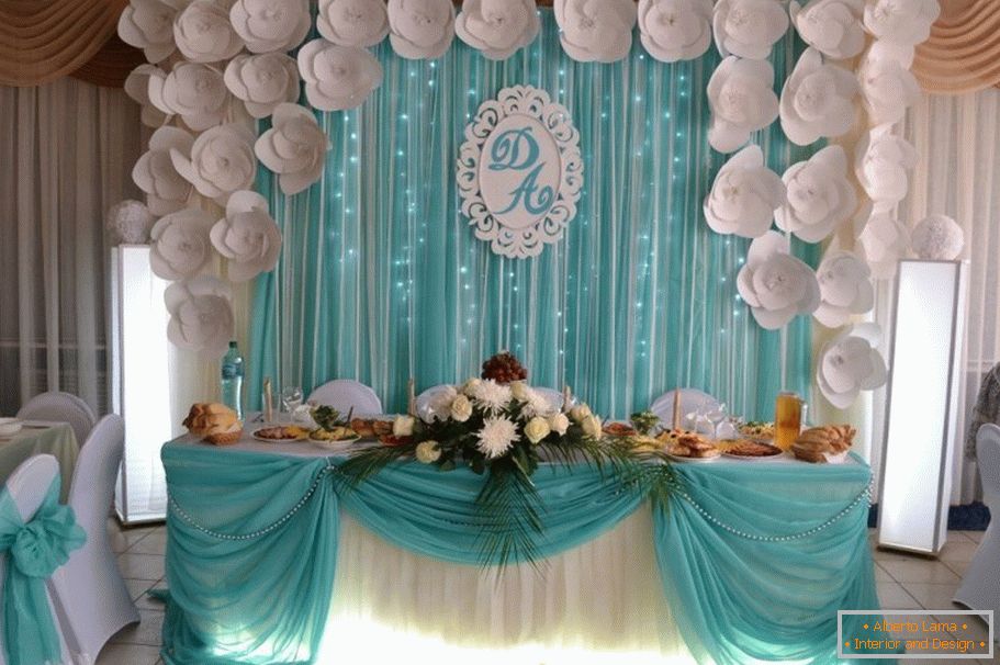 Бијеле и тиркизне боје у декорацији венчаног сала