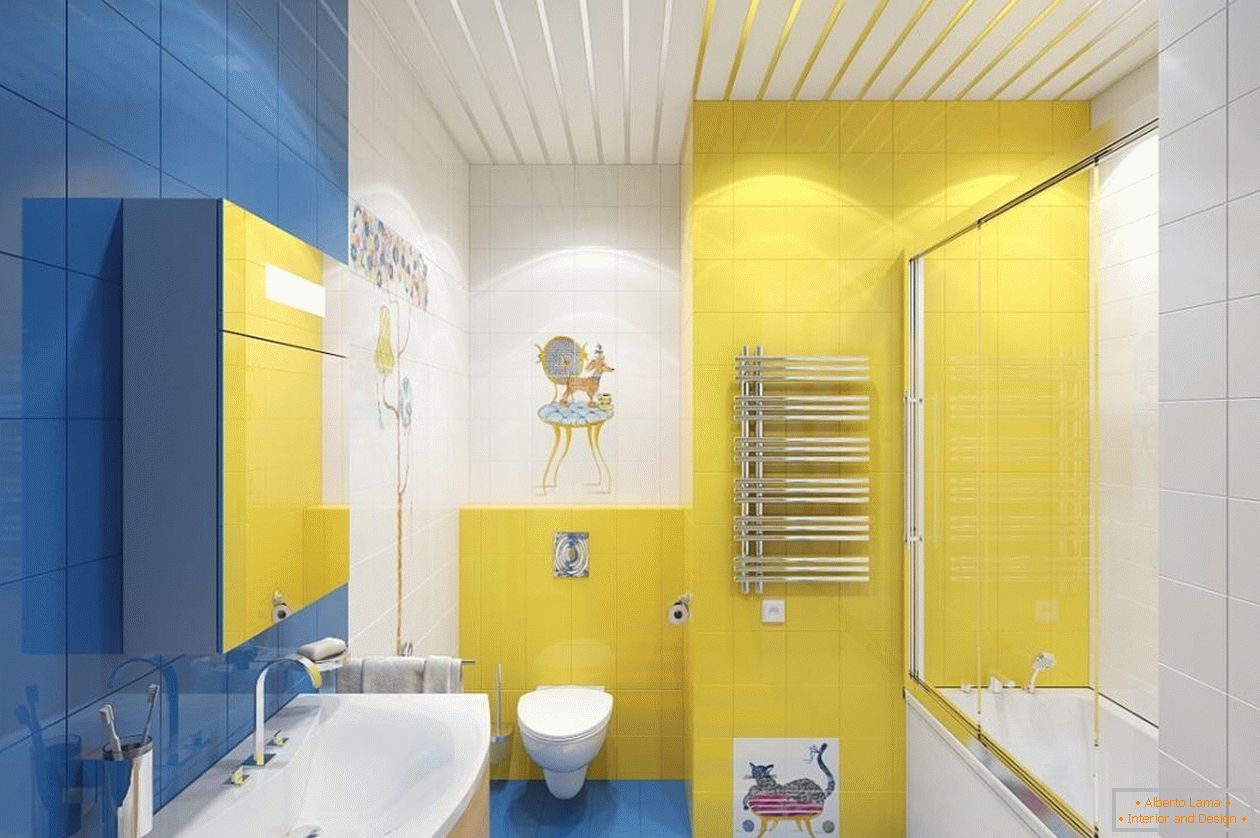 Плава, жута и бела у унутрашњости купатила