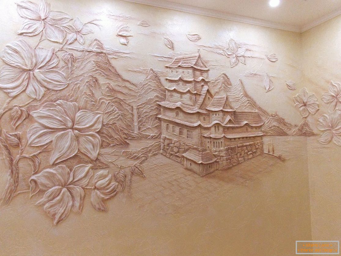 Волуметријско цртеж са куцом и дрвећем из декоративног малтера