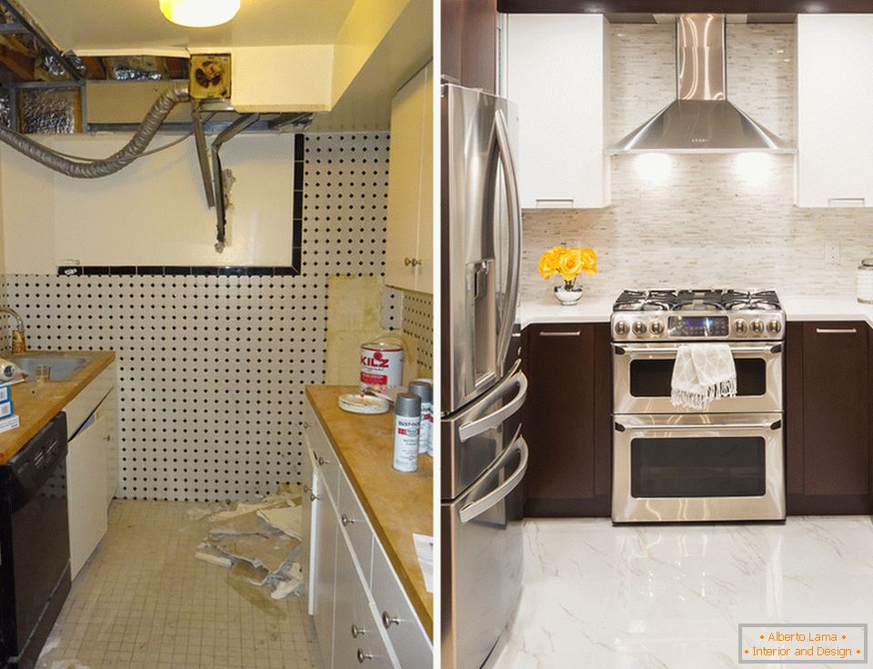 Унутрашњи дизајн мале кухиње пре и после поправке
