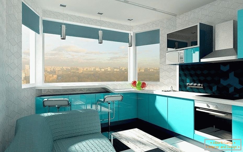 Дизајниран дизајн кухиње у боби боје са прозорским оком са шанком на прозору