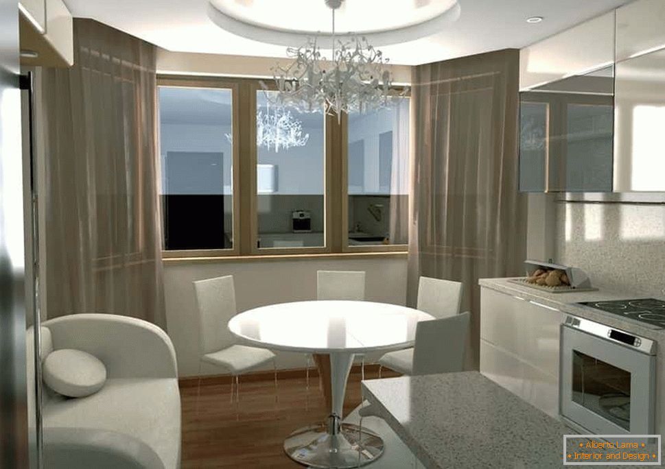 Дизајн дизајна кухиње са прозрачним прозором и шанком у облику радног места