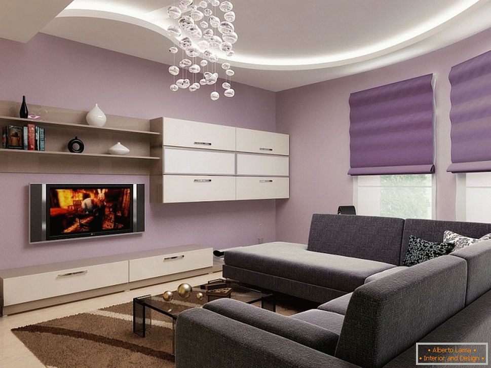 Пурпурна и црна у дизајну дневне собе