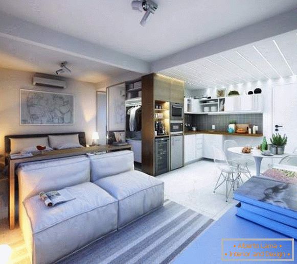 Идеје за дизајн студио апартмана 30 м2 - фотографија дневног боравка, спаваће собе и кухиње