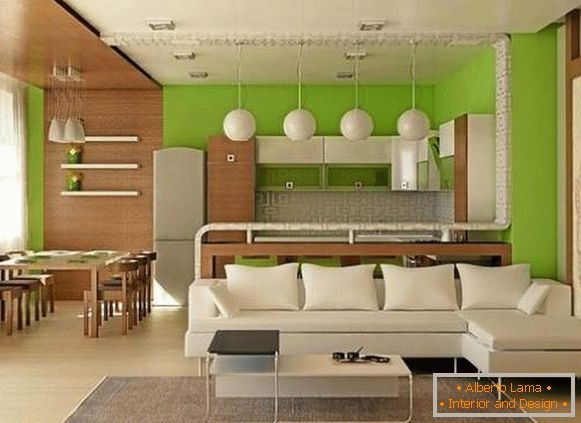 Пројектни пројекат студио апартмана од 25 квадратних метара у белим, зеленим и смеђим тоновима