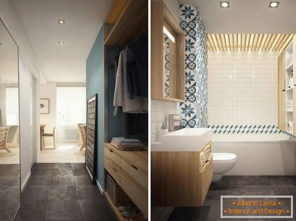 Фотографија предсобља и купатила у дизајну стана од 40 квадратних метара