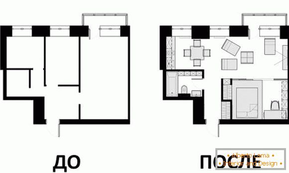 Дизајниран дизајн апартмана 40 м2 - цртеж пре и после