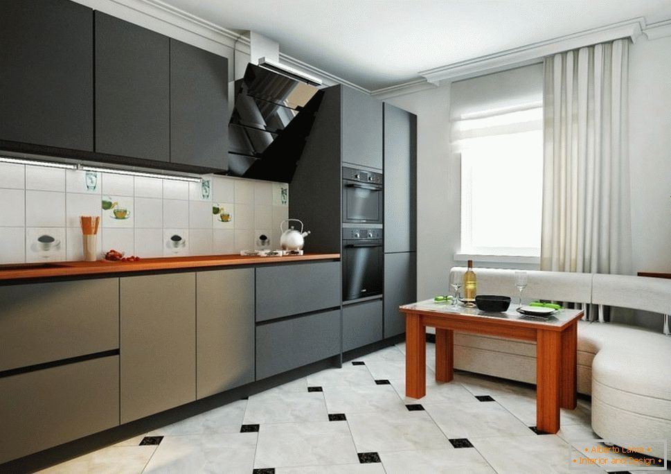 Црни намештај и бели угао у кухињи
