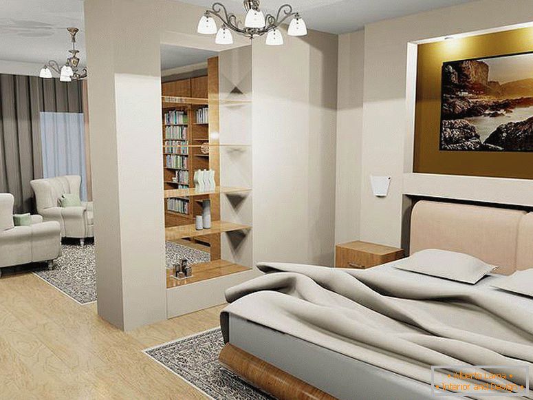 Лустери и уграђене сијалице у унутрашњости спаваће собе-дневне собе