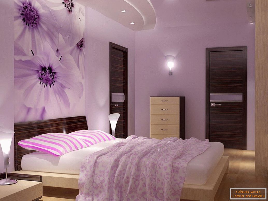 Светло намештај у спаваћој соби са зидовима јоргована