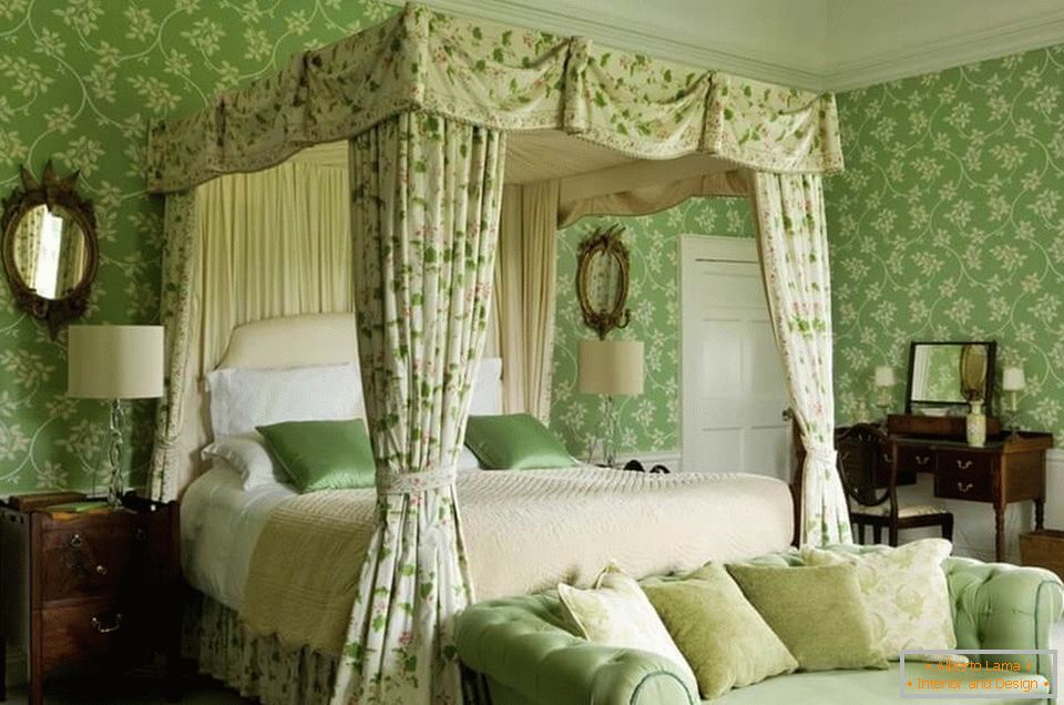 Ентеријер спаваће собе у зеленим бојама