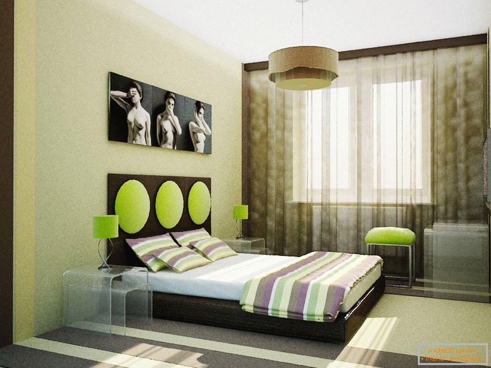 Необичан дизајн спаваће собе у беж зеленим бојама
