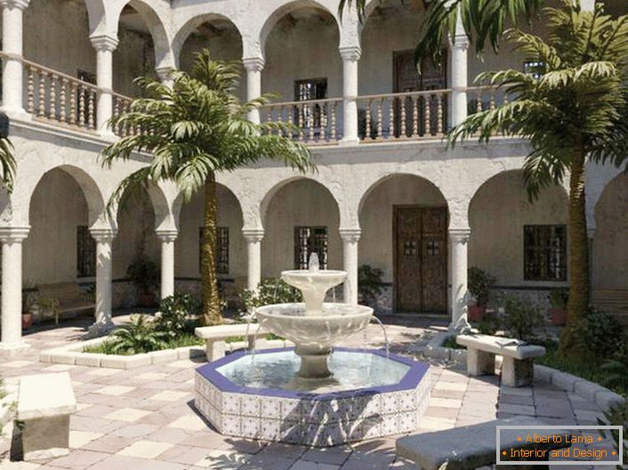 Најбоља декорација за двориште у медитеранском стилу је фонтана. Елегантна, вишеслојна фонтана мале димензије у рекреативном делу.