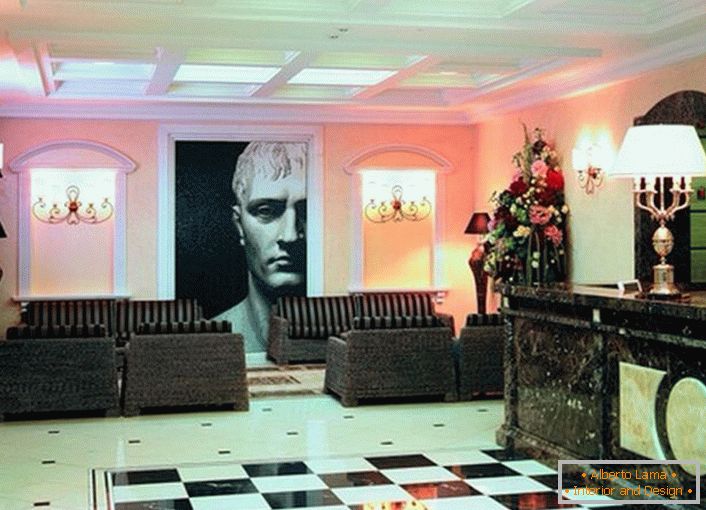 Стилизована соба за госте у стилу еклектицизма за индивидуалисте, који воле да истичу другима своје достојанство. Дизајнер је вешто одиграо с светлим контрастима.