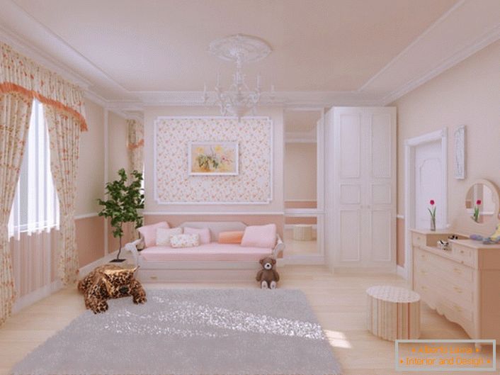 Лепа дечија соба је уређена у стилу земље. За декор се такође користи штук од полиуретана. 