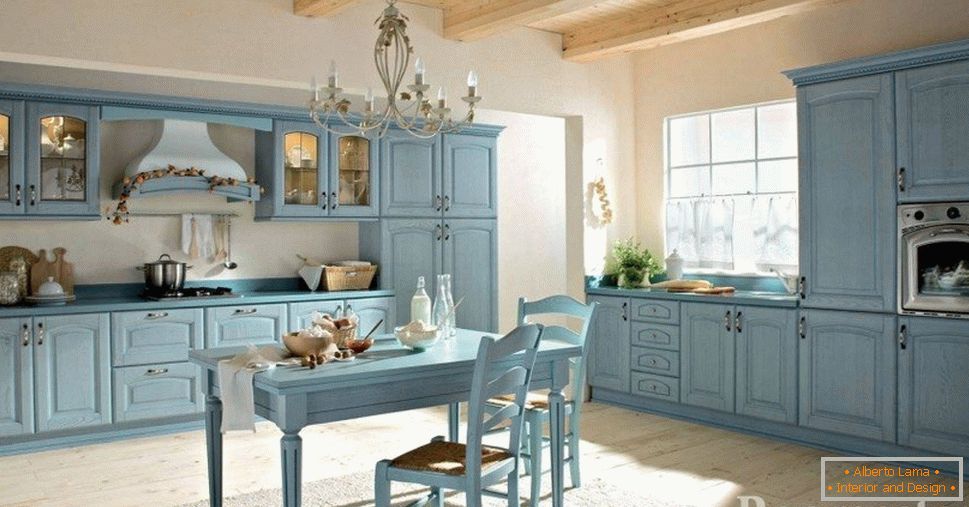 Намештај у кухињи је плави
