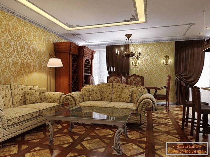 Светла гостињска соба са контрастним тамно смеђим дрвеним намештајем.