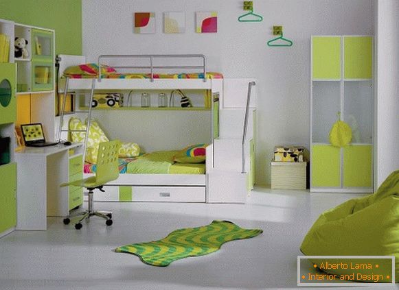 Модеран дизајн унутрашњости дечије спаваће собе у светло зеленој боји