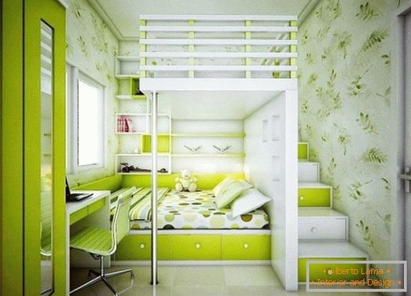 зелёный унутрашњост дечије спаваће собе для двух девочек
