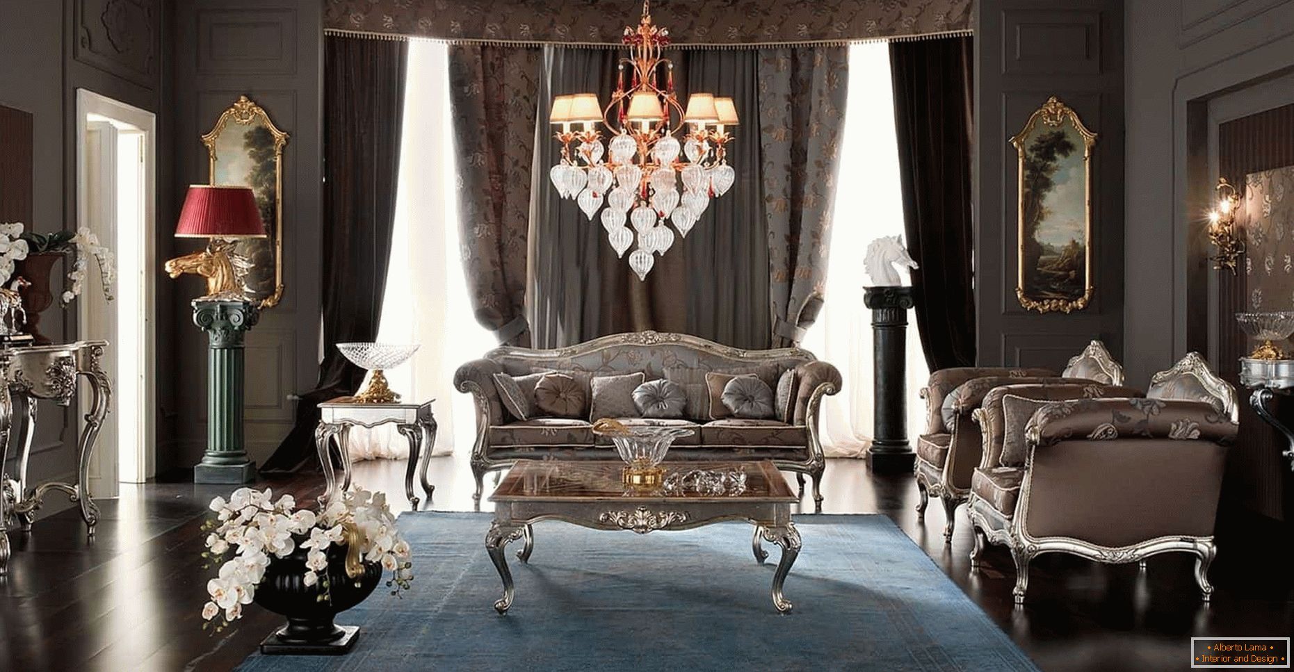 Дизајн дневне собе у тамној боји у класичном стилу