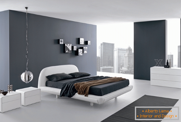 Црна и бела спаваћа соба у високотехнолошком стилу