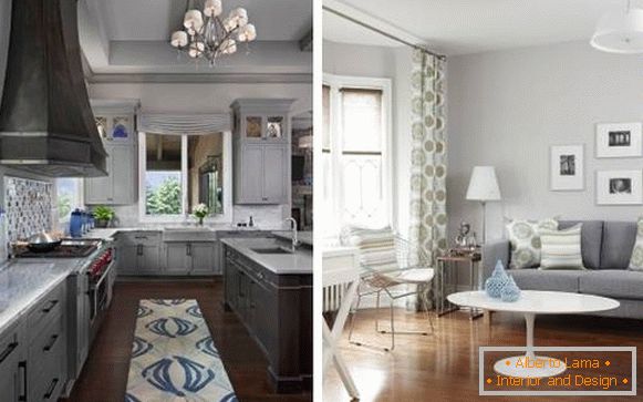 Сива боја у унутрашњости кухиње и дневне собе - избор фотографија