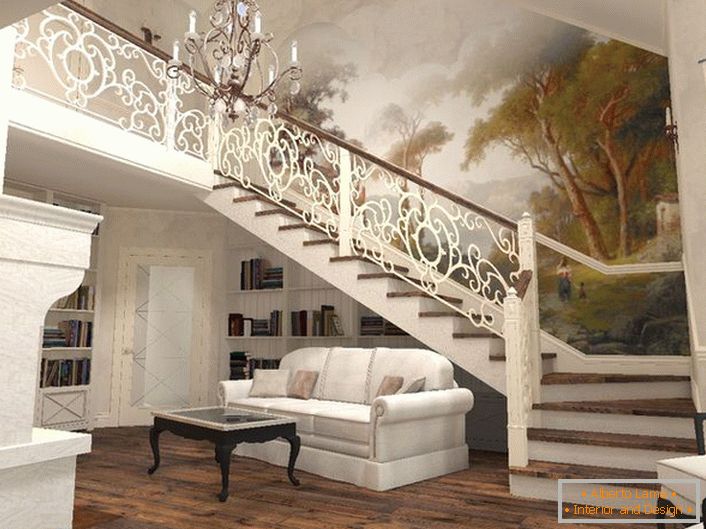 Упечатљива хармонија елегантног степеништа и унутрашњости куће у медитеранском стилу.