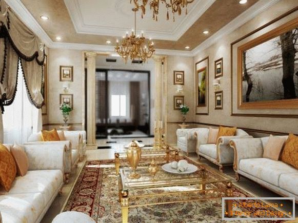 Дневна соба са лустерима и декорисаном златом