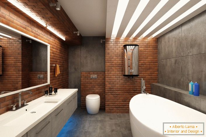 Симулација зидова у купатилу у стилу поткровља хармонично се комбинује са снежно белим намјештајем.