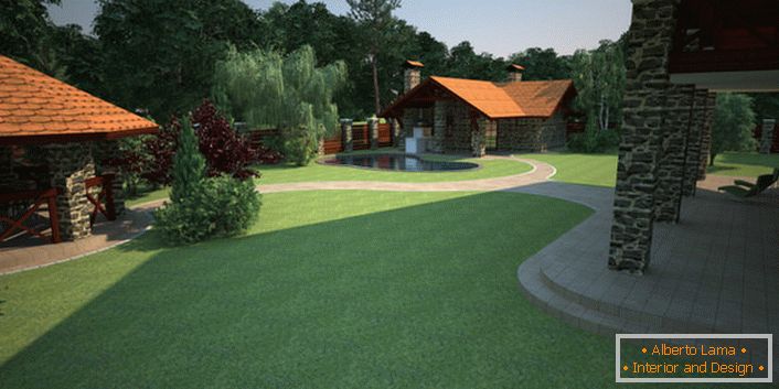 Дизајн дворишта сеоске куће врши се узимајући у обзир слетање енглеског травњака. 