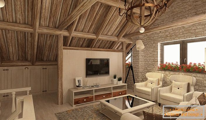 Гостињска соба на тавану скандинавске куће. Простор поткровља под јасним смерницама дизајнера постао је пуноправна, функционална и атрактивна дневна соба.