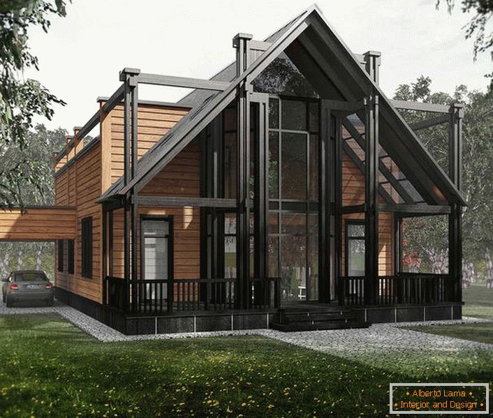 Модуларна кућа је завршена са дрветом. Елегантна, изврсна декорација фасаде чини зграду атрактивном.