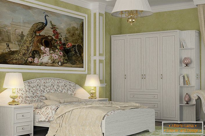 Стилски бијели апартман дизајниран за спаваћу собу у природном стилу. Изванредна карактеристика ентеријера је велика слика.